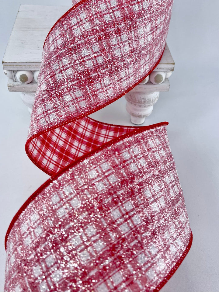 Farrisilk Red and white glittered sugar plaid 4” wired ribbon - Greenery MarketRibbons & TrimRA490 - 02