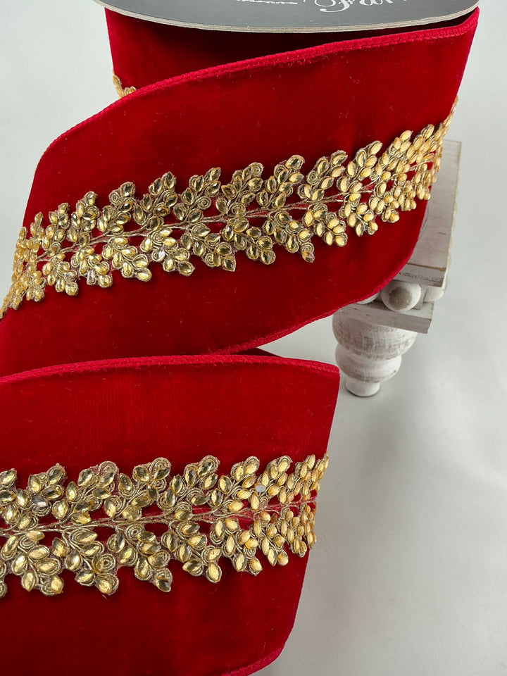 Farrisilk red velvet jewel vine tree ribbon - 4” - Greenery Marketwired ribbonRG893 - 02