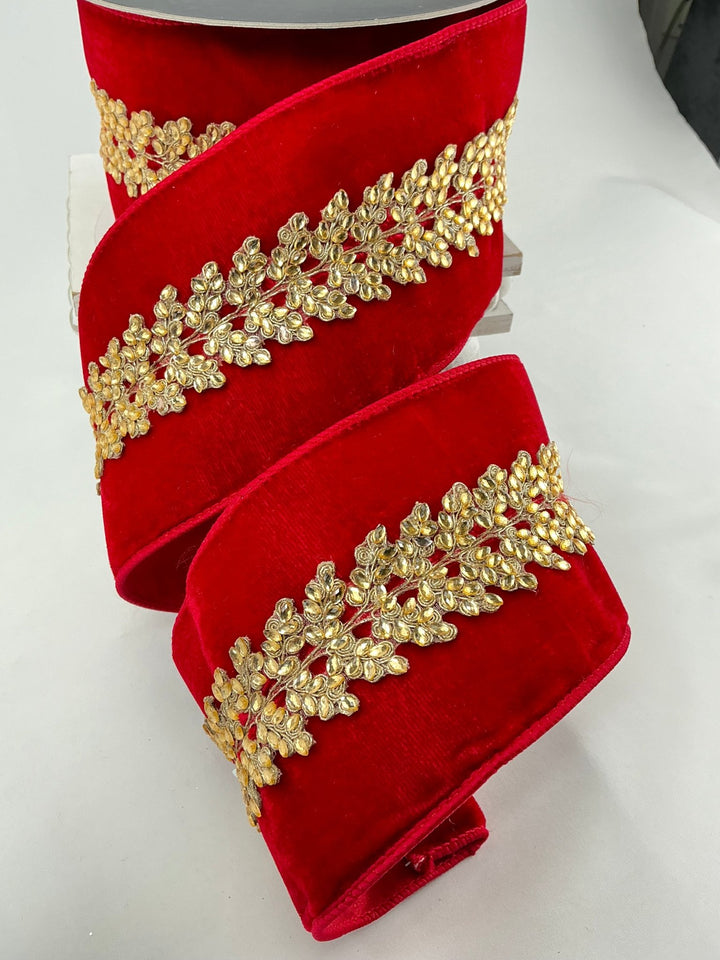 Farrisilk red velvet jewel vine tree ribbon - 4” - Greenery Marketwired ribbonRG893 - 02