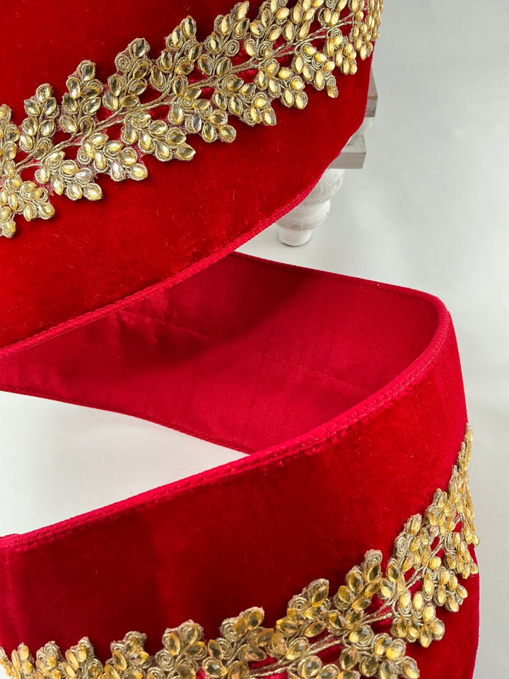 Farrisilk red velvet jewel vine tree ribbon - 4” - Greenery Marketwired ribbonRG893 - 02