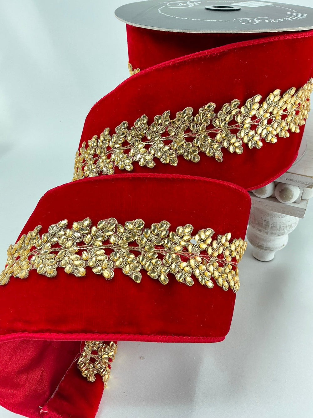 Farrisilk red velvet jewel vine tree ribbon - 4” - Greenery Marketwired ribbonRG893 - 02