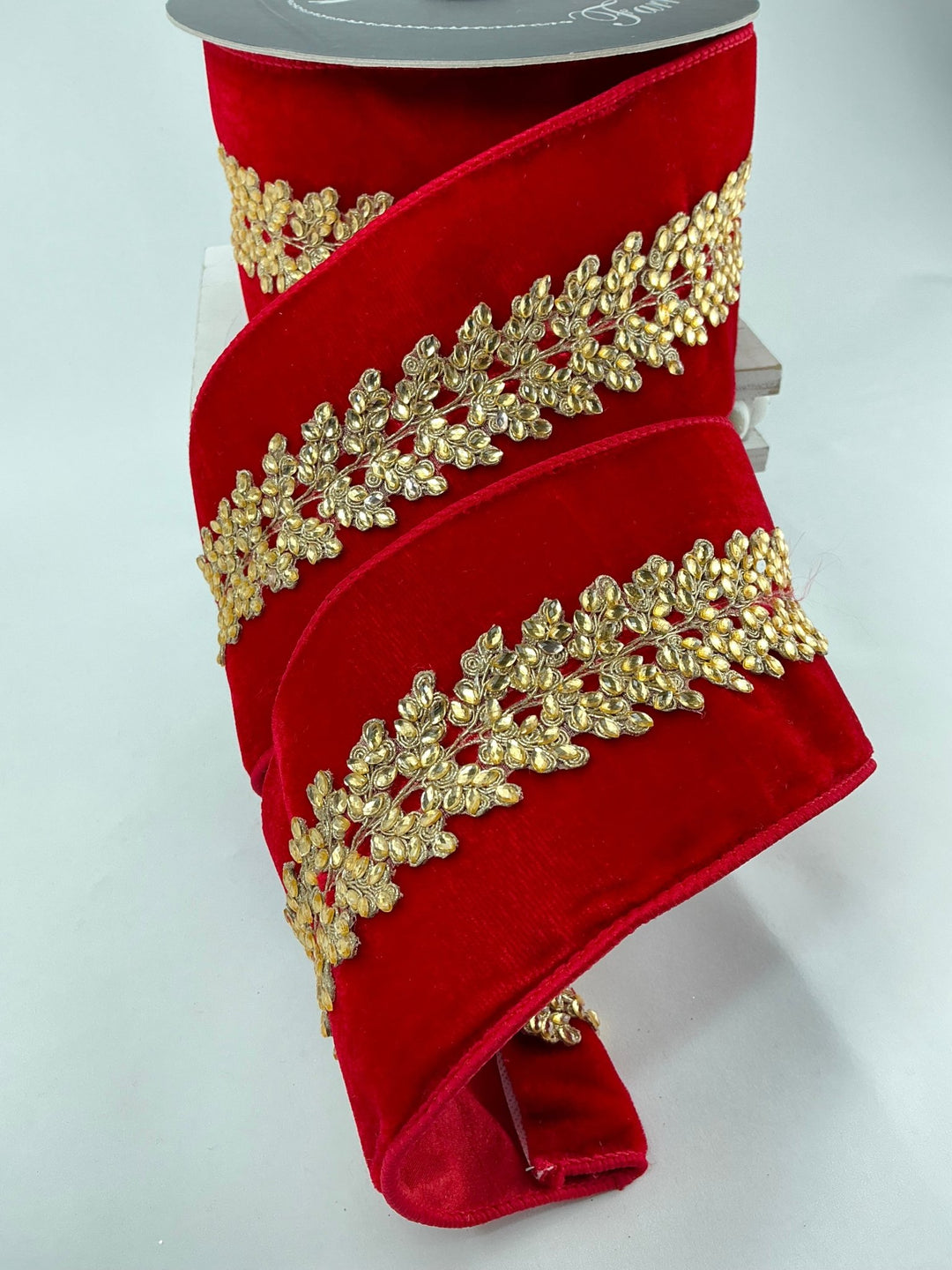Farrisilk red velvet jewel vine tree ribbon - 4” - Greenery Marketwired ribbonRG893 - 02