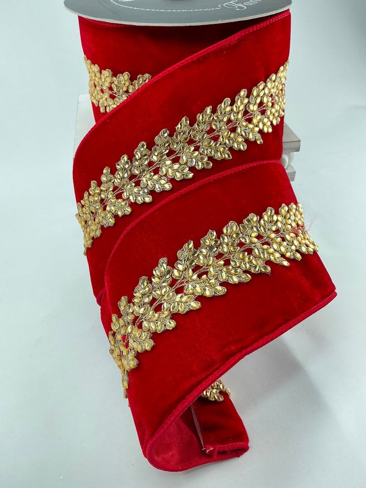 Farrisilk red velvet jewel vine tree ribbon - 4” - Greenery Marketwired ribbonRG893 - 02