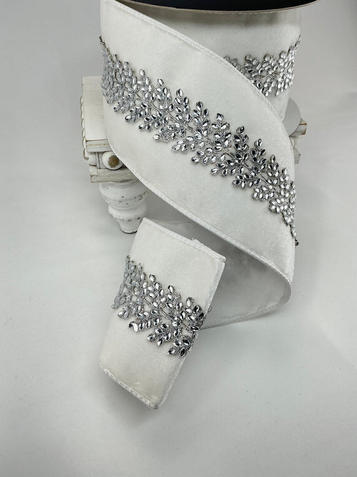 Farrisilk white velvet jewel vine tree ribbon - 4” - Greenery Marketwired ribbonRG893 - 43