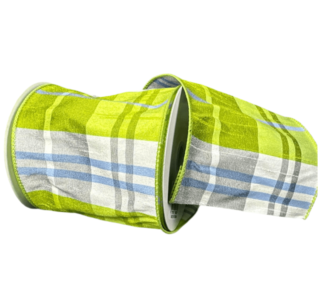Faux dupioni green plaid ribbon, 4" - Greenery MarketWired ribbon41551 - 04 - 29