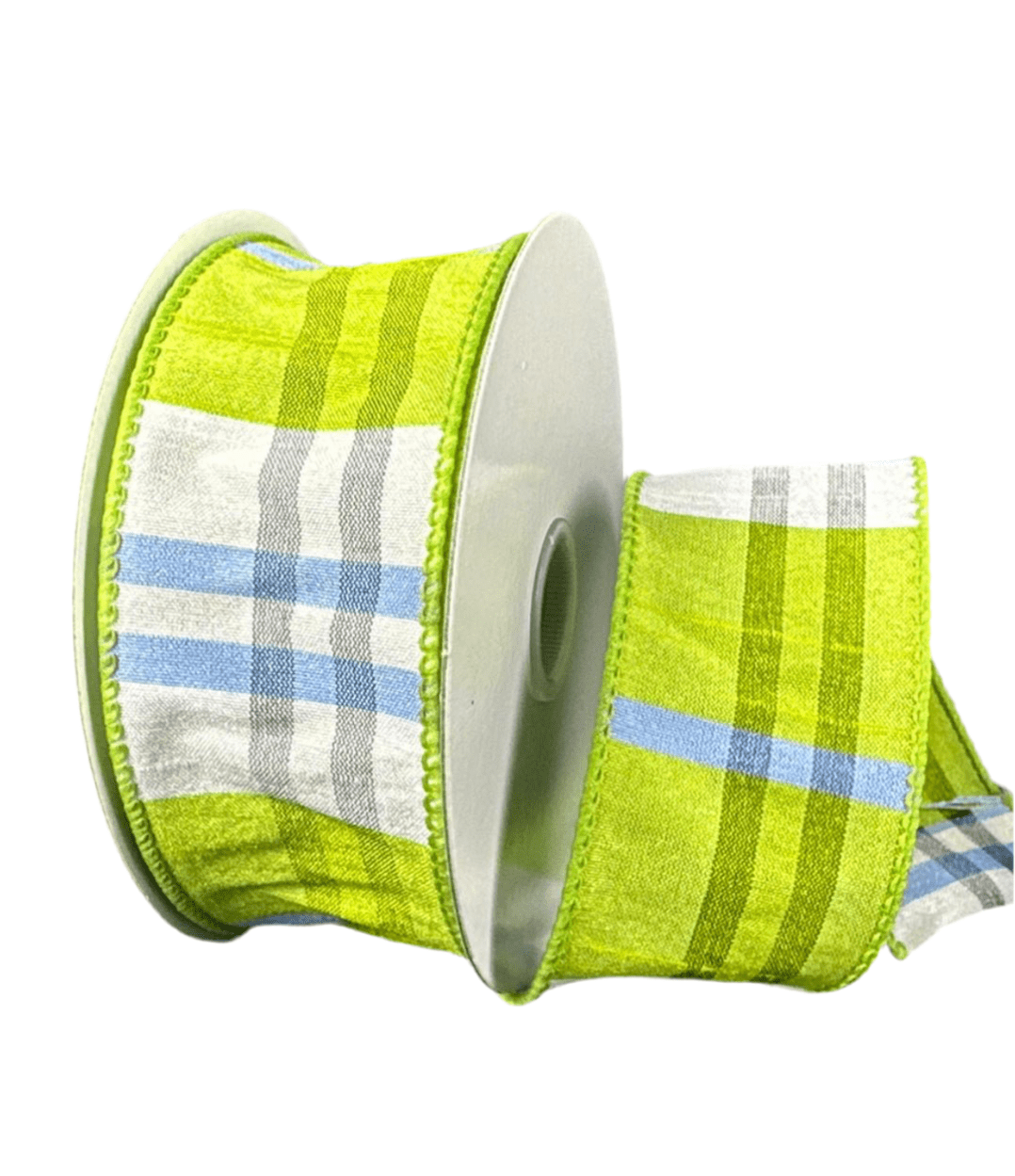 Faux dupioni kiwi green plaid ribbon, 1.5” - Greenery MarketWired ribbon41551 - 09 - 29