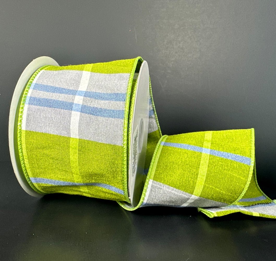 Faux dupioni kiwi green plaid ribbon, 2.5” - Greenery MarketWired ribbon41551 - 40 - 29