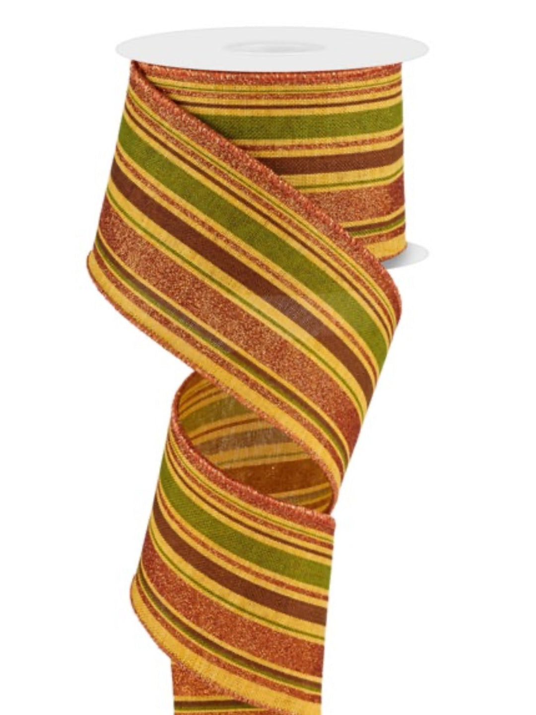Glittered stripe moss, mustard, and rust stripe wired ribbon 2.5” - Greenery MarketWired ribbonRGE182257