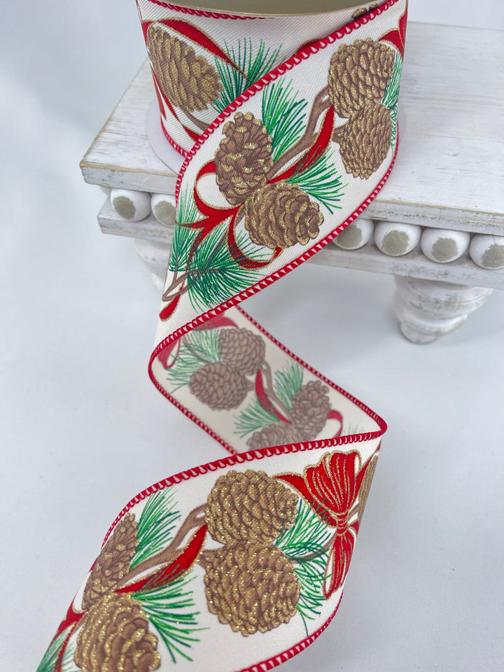 Gold accented Pinecones wired ribbon 2.5” - Greenery MarketRibbons & Trim179370