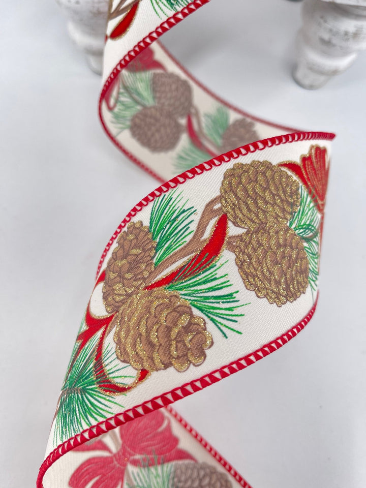 Gold accented Pinecones wired ribbon 2.5” - Greenery MarketRibbons & Trim179370