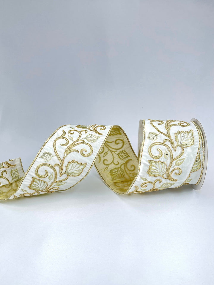 Gold and cream dupion leaf wired ribbon 4” - Greenery MarketRibbons & Trim236506