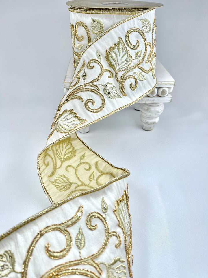 Gold and cream dupion leaf wired ribbon 4” - Greenery MarketRibbons & Trim236506