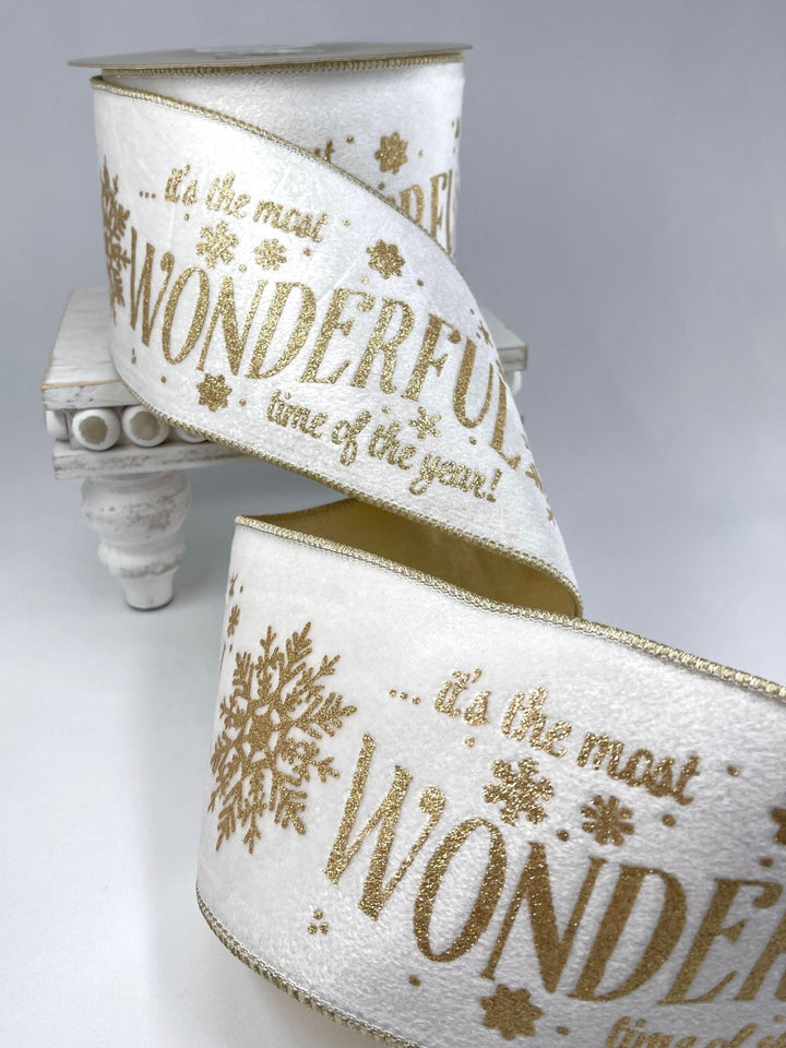 Gold and cream most wonderful time wired ribbon 4” - Greenery MarketRibbons & Trim236655