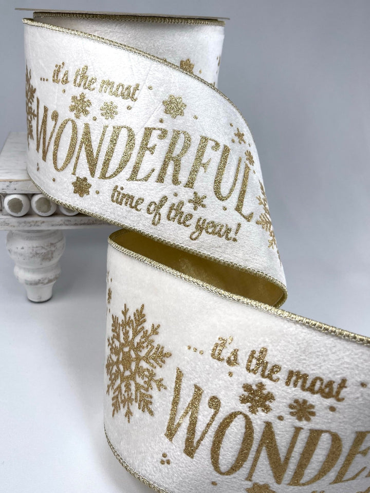 Gold and cream most wonderful time wired ribbon 4” - Greenery MarketRibbons & Trim236655