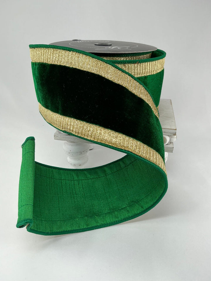 Gold and emerald green plush velvet with pleated border 4” farrisilk wired ribbon - Greenery MarketRibbons & TrimRK300 - 55