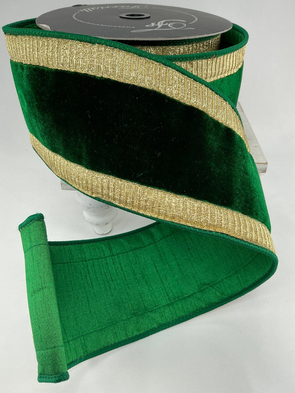 Gold and emerald green plush velvet with pleated border 4” farrisilk wired ribbon - Greenery MarketRibbons & TrimRK300 - 55