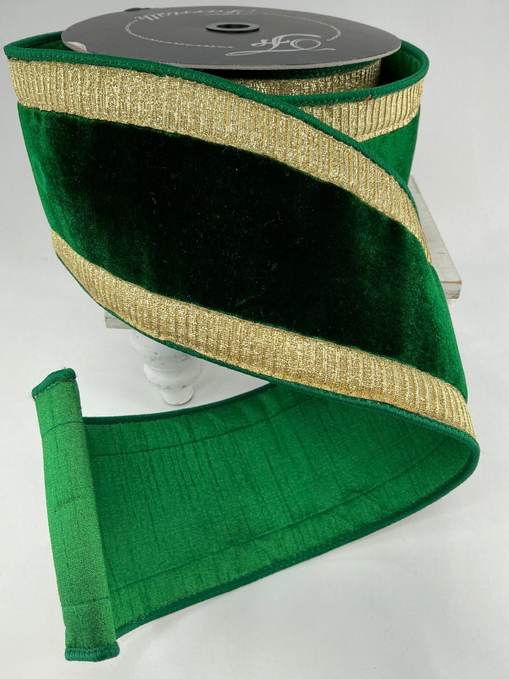 Gold and emerald green plush velvet with pleated border 4” farrisilk wired ribbon - Greenery MarketRibbons & TrimRK300 - 55