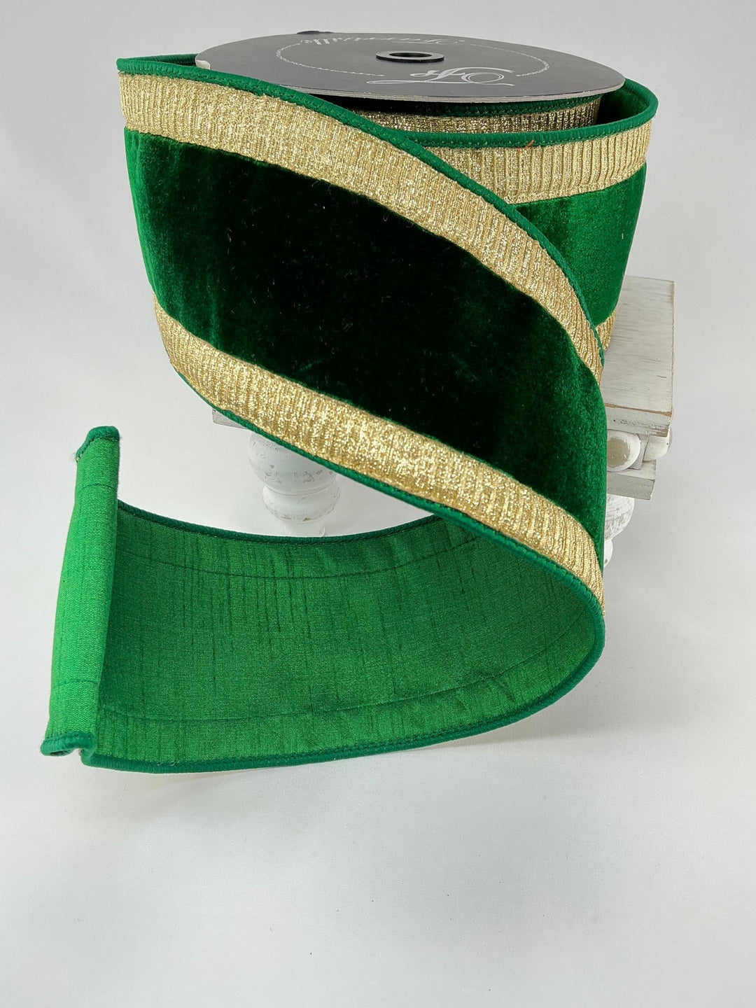 Gold and emerald green plush velvet with pleated border 4” farrisilk wired ribbon - Greenery MarketRibbons & TrimRK300 - 55