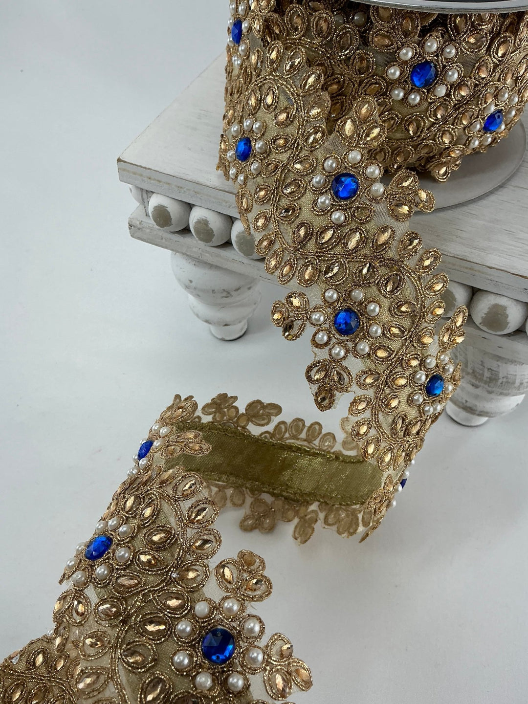 Gold Farrisilk pearl and blue gem floral tree ribbon - 2.5” - Greenery Marketwired ribbonRK335 - 26