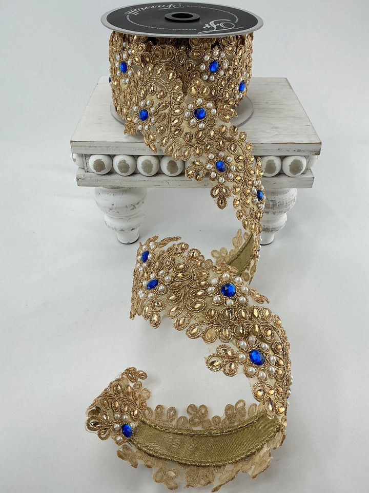 Gold Farrisilk pearl and blue gem floral tree ribbon - 2.5” - Greenery Marketwired ribbonRK335 - 26