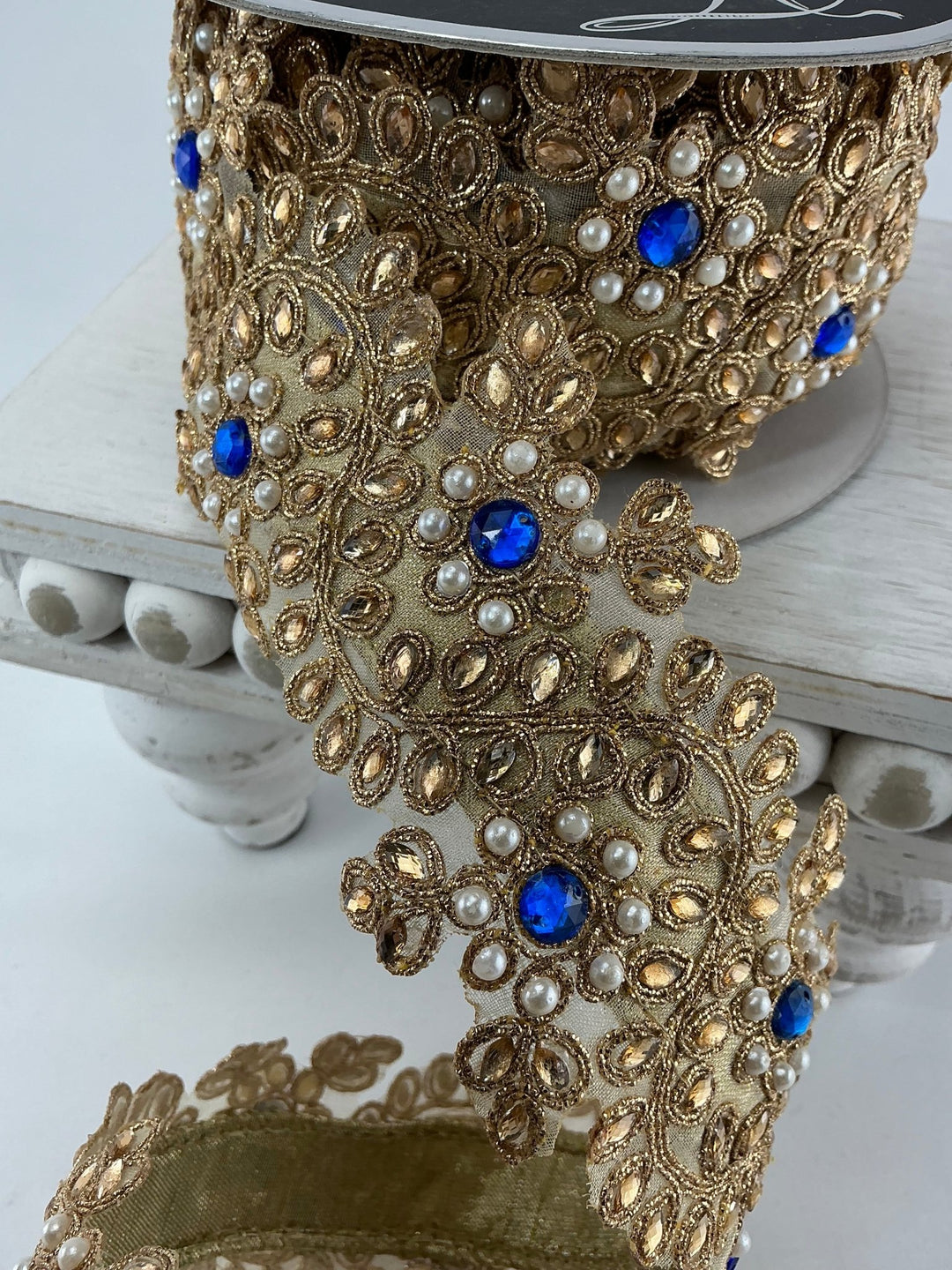 Gold Farrisilk pearl and blue gem floral tree ribbon - 2.5” - Greenery Marketwired ribbonRK335 - 26
