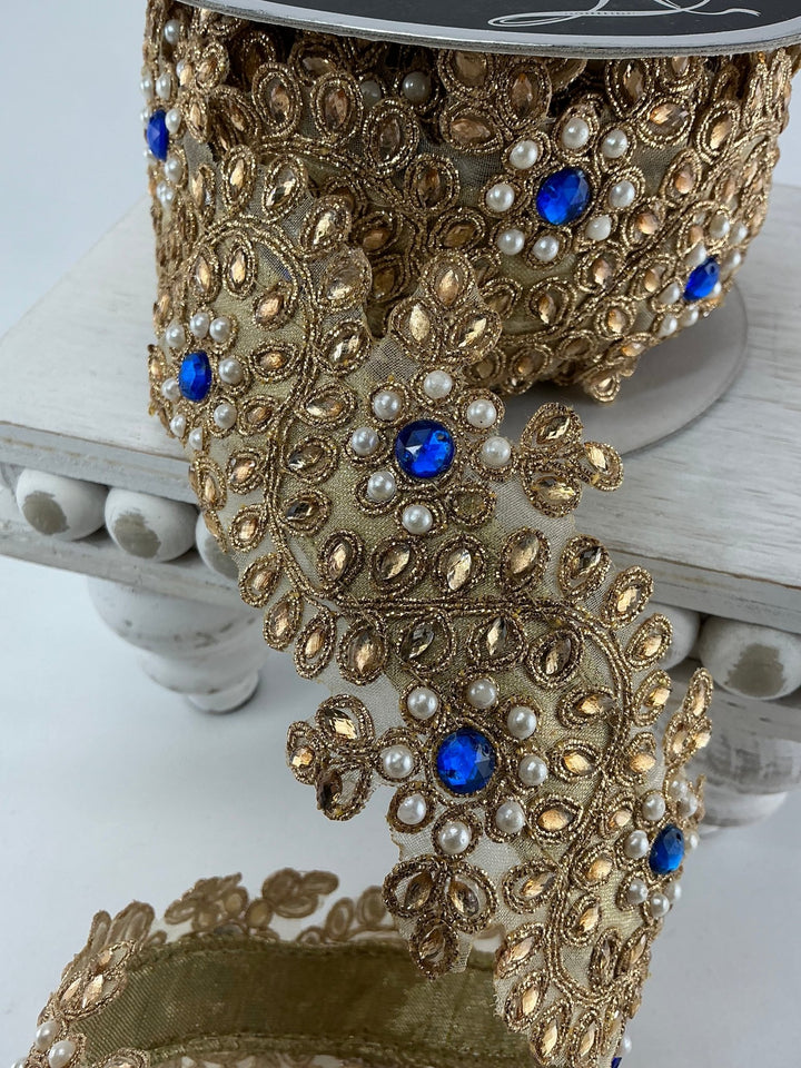 Gold Farrisilk pearl and blue gem floral tree ribbon - 2.5” - Greenery Marketwired ribbonRK335 - 26