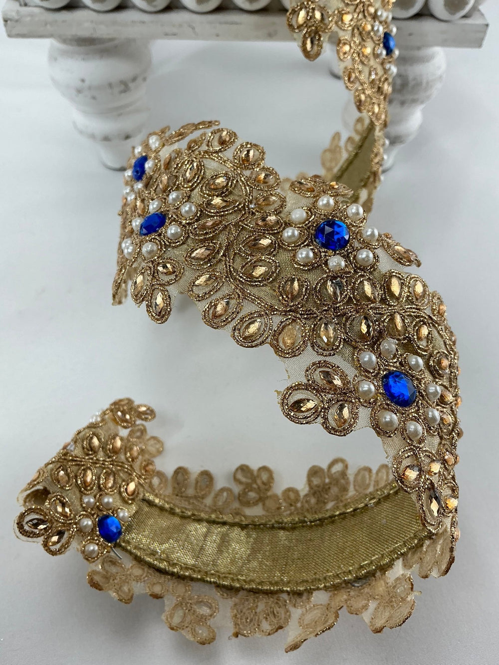 Gold Farrisilk pearl and blue gem floral tree ribbon - 2.5” - Greenery Marketwired ribbonRK335 - 26