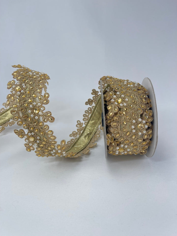 Gold Farrisilk pearl and gem floral tree ribbon - 2.5” - Greenery Marketwired ribbonRK335 - 50