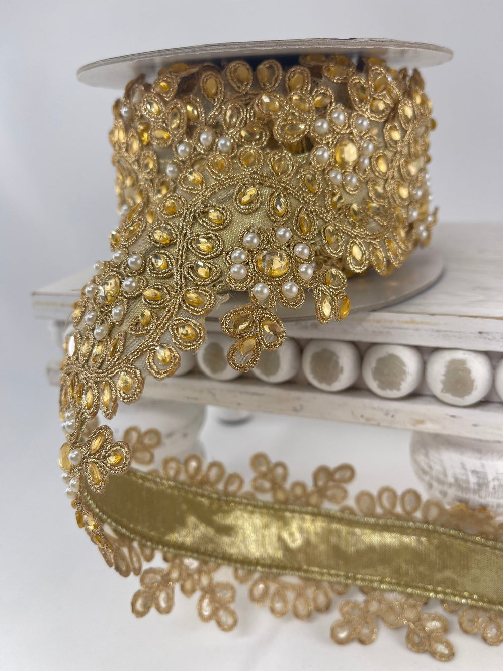 Gold Farrisilk pearl and gem floral tree ribbon - 2.5” - Greenery Marketwired ribbonRK335 - 50