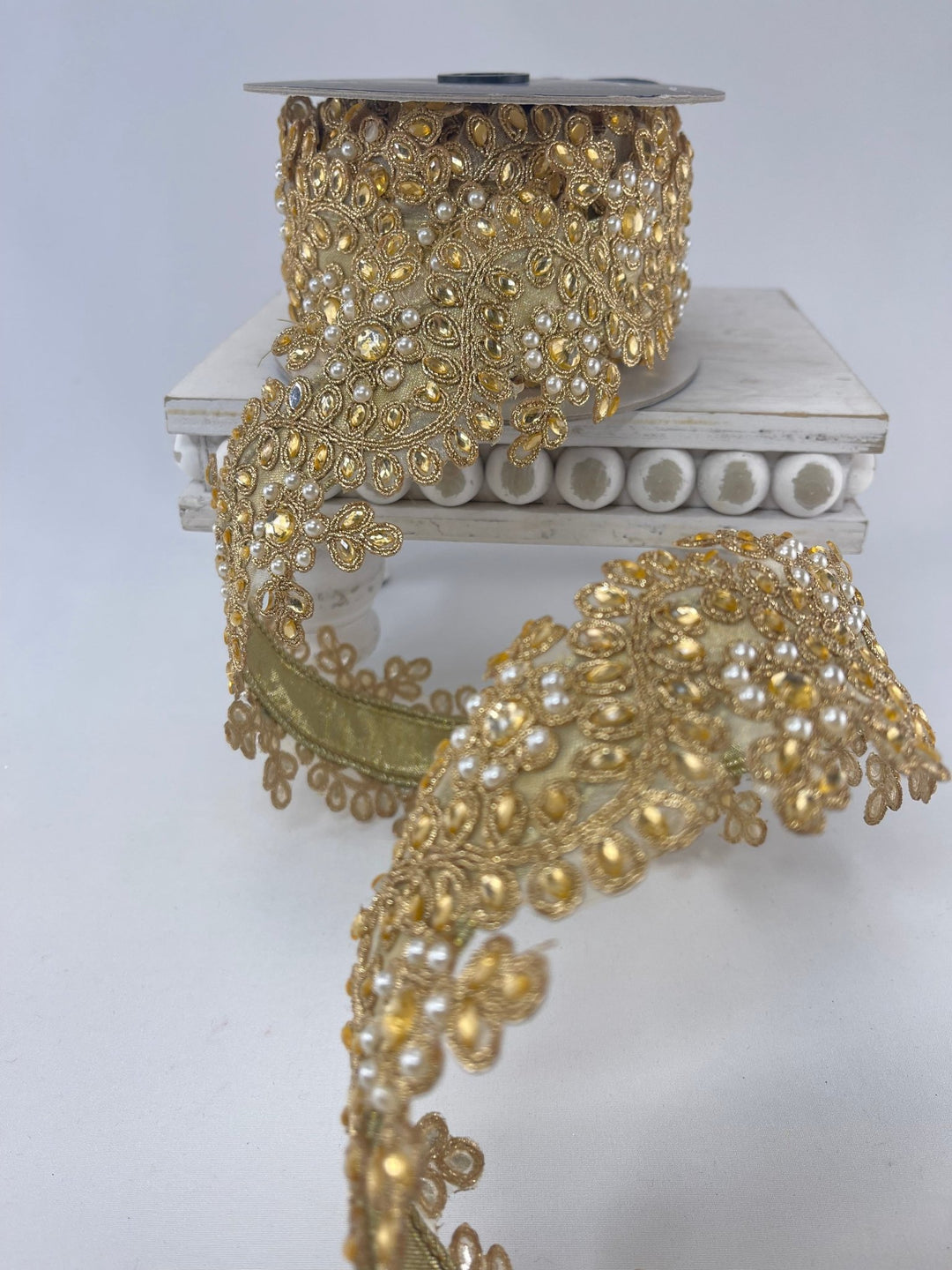 Gold Farrisilk pearl and gem floral tree ribbon - 2.5” - Greenery Marketwired ribbonRK335 - 50