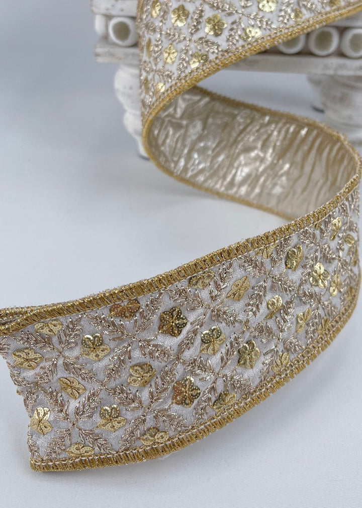 Gold sequined and embroidered wired ribbon 2.5” - Greenery MarketRibbons & Trim236522