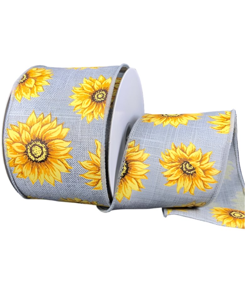 Gray and yellow sunflower wired ribbon 2.5” - Greenery MarketWired ribbon61214-40-22