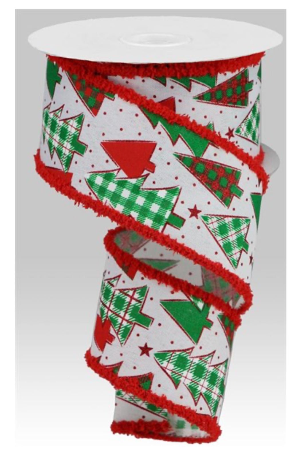 Green and red trees with fluffy edge 2.5” - Greenery MarketWired ribbonRG0856727