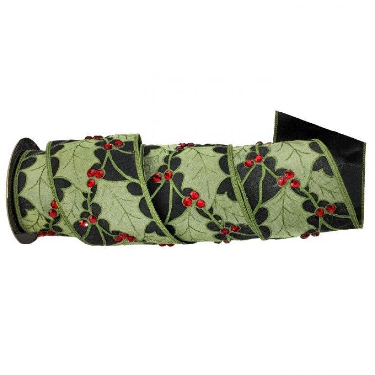 Green embroidered appliqué holly 4” wired ribbon - Greenery MarketMTX74585