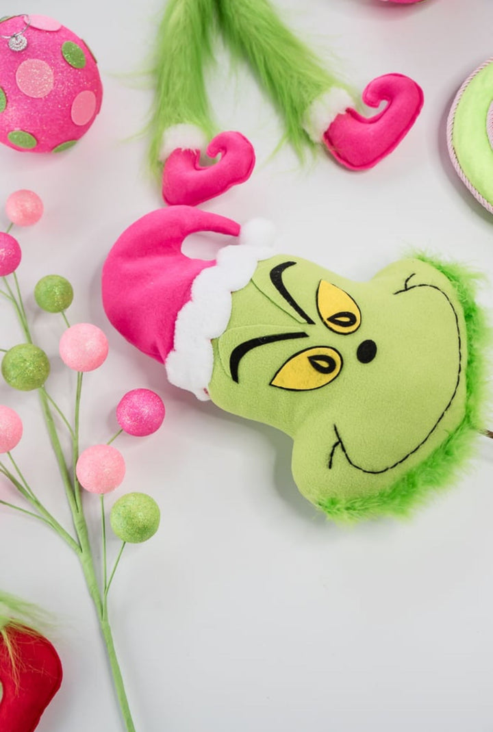 Green fluffy monster head with pink hat - Greenery MarketPicksGM2118PKGN