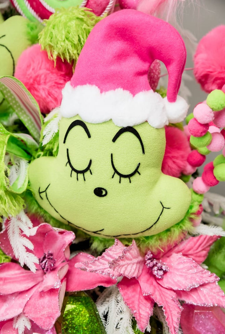 Green fluffy monster head with pink hat - Greenery MarketPicksGM2119PKGN