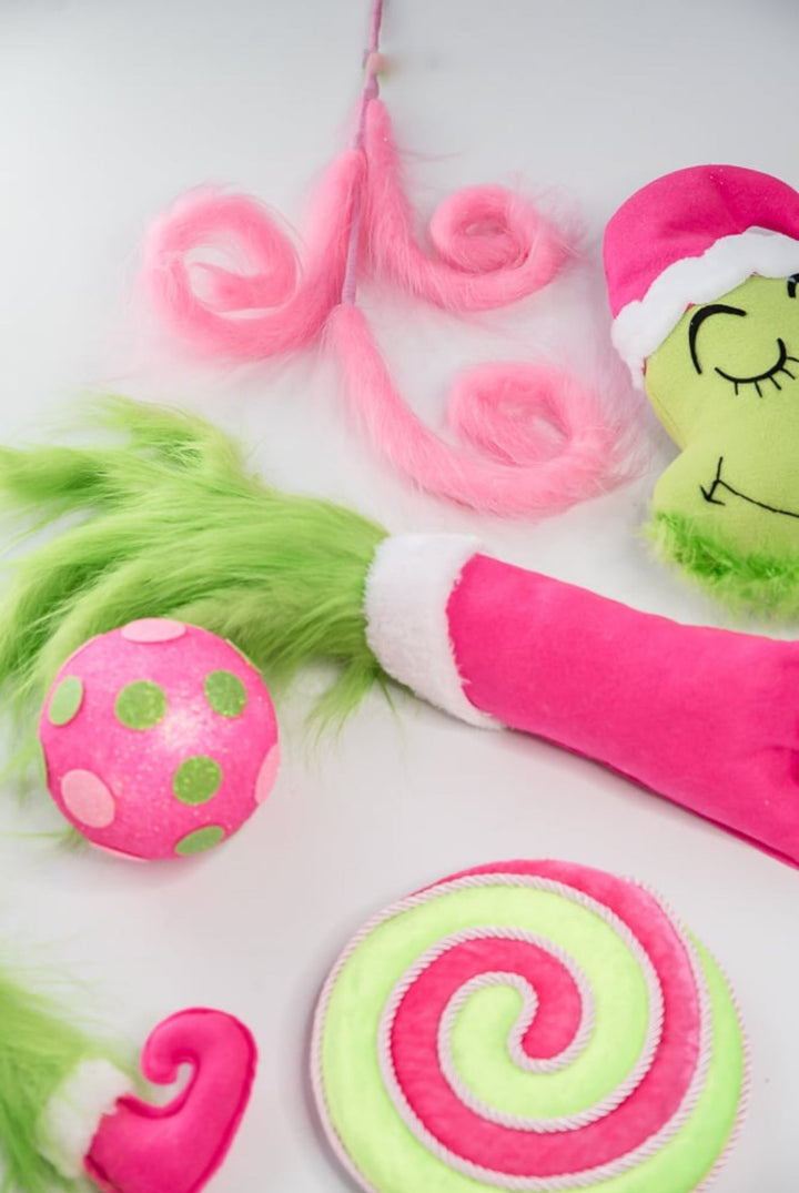 Green fluffy monster head with pink hat - Greenery MarketPicksGM2119PKGN