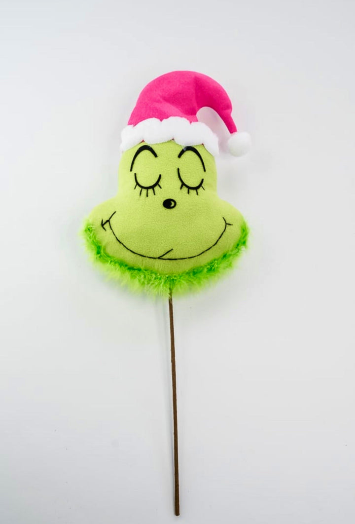 Green fluffy monster head with pink hat - Greenery MarketPicksGM2119PKGN