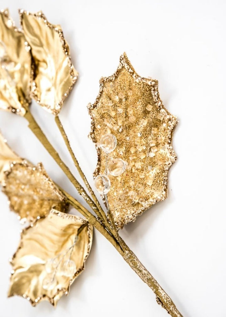 Holly metallic and beads branch spray - gold - Greenery MarketXG901-GO