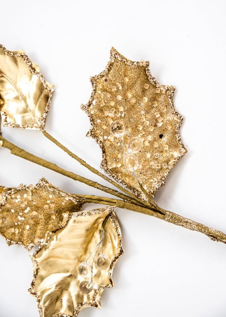 Holly metallic and beads branch spray - gold - Greenery MarketXG901-GO