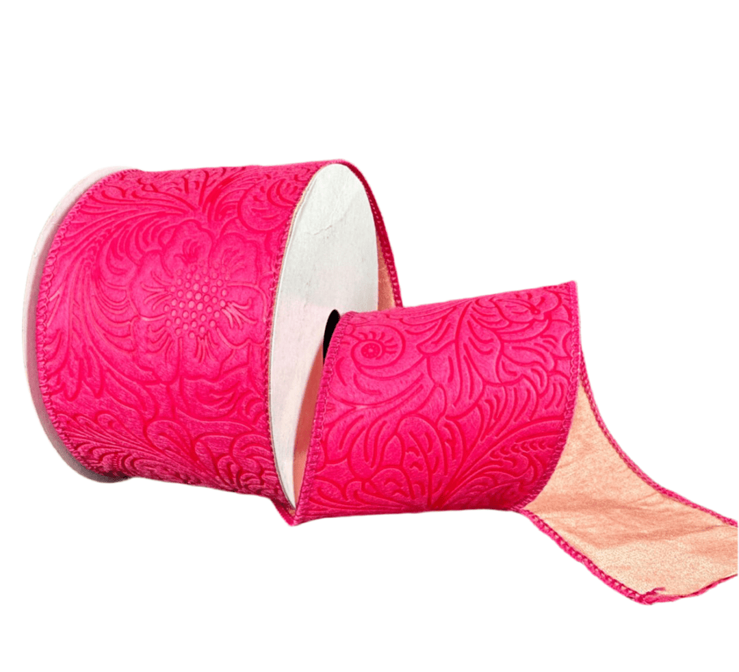 Hot pink and coral double sided embossed 2.5” wired ribbon - Greenery MarketWired ribbonD42510 - 40 - 46