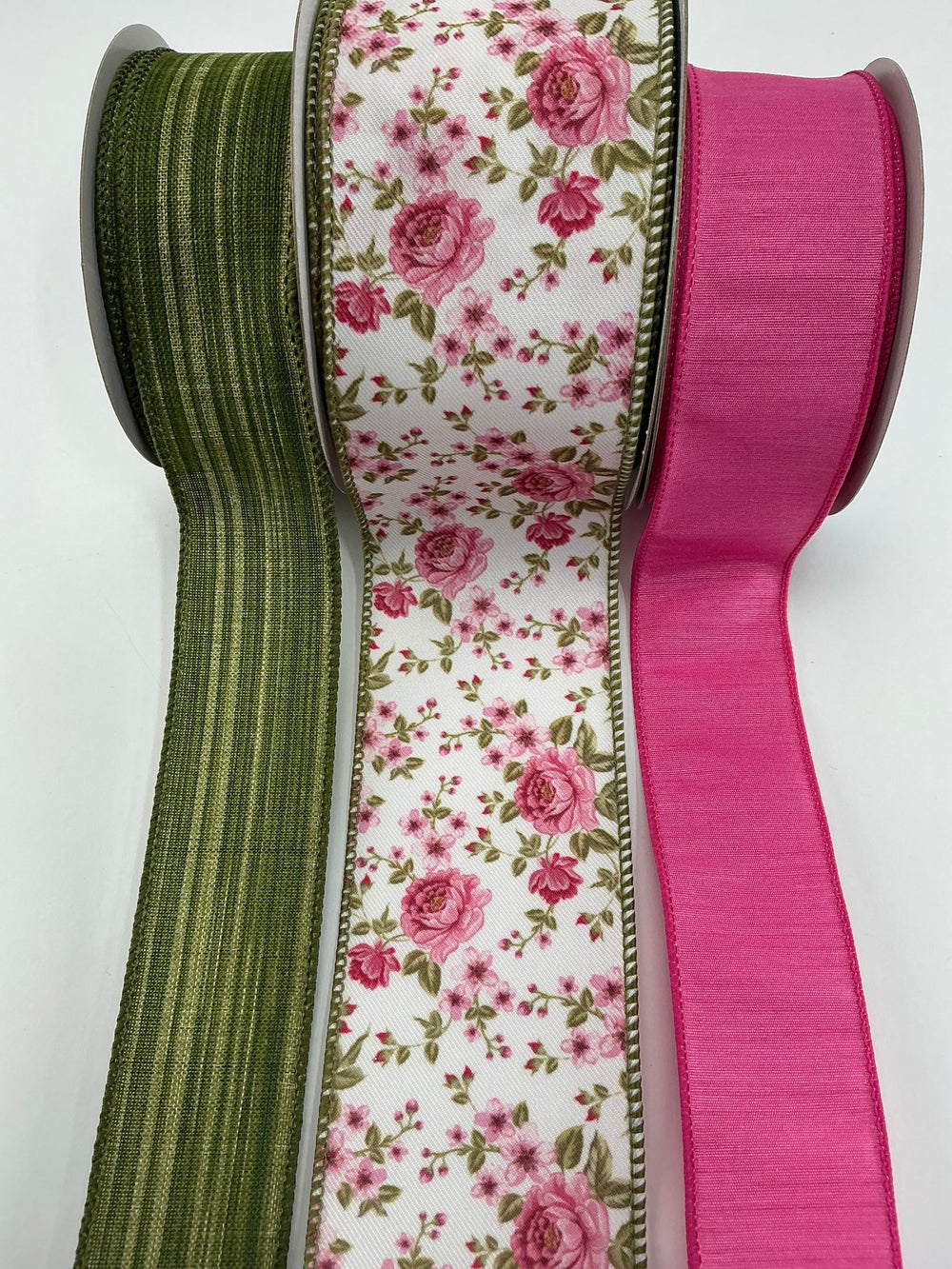 Hot Pink and Green Floral bow bundle x 3 wired ribbons - Greenery MarketWired ribbon