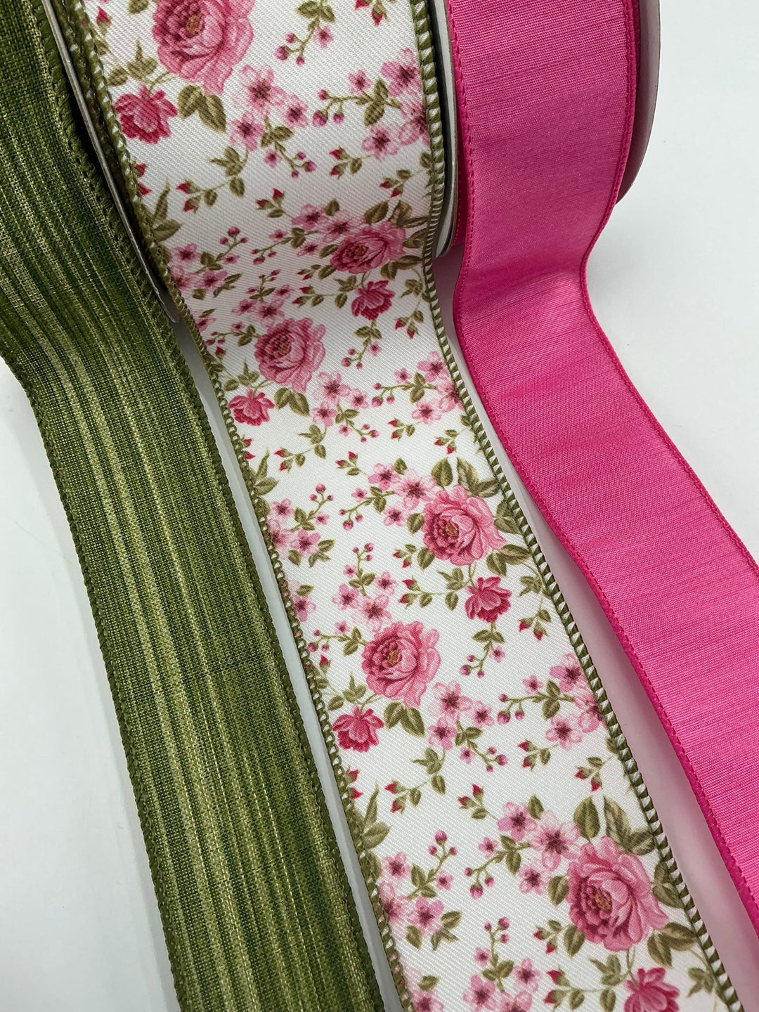 Hot Pink and Green Floral bow bundle x 3 wired ribbons - Greenery MarketWired ribbon