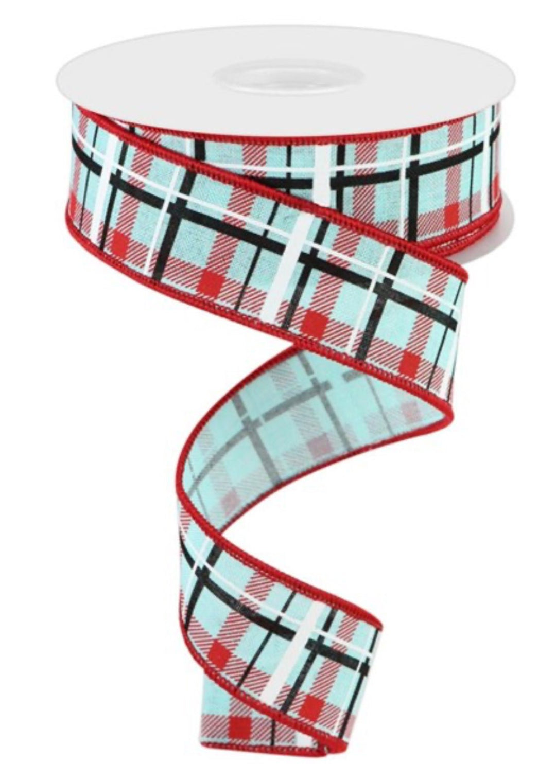 Ice blue, black, and red plaid 1.5” wired ribbon - Greenery MarketRGC1534H1