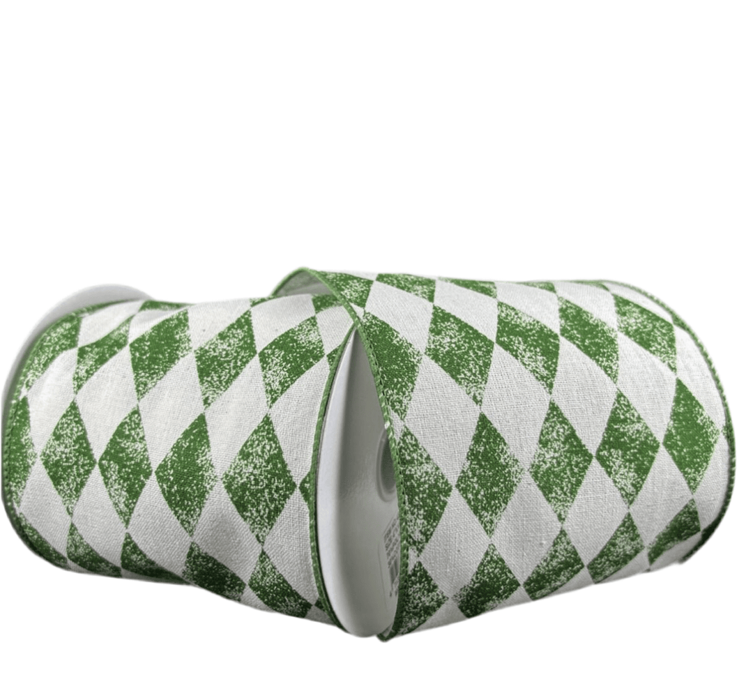 Ivory and moss green diamond wired ribbon 4” - Greenery Marketwired ribbon42433 - 04 - 08