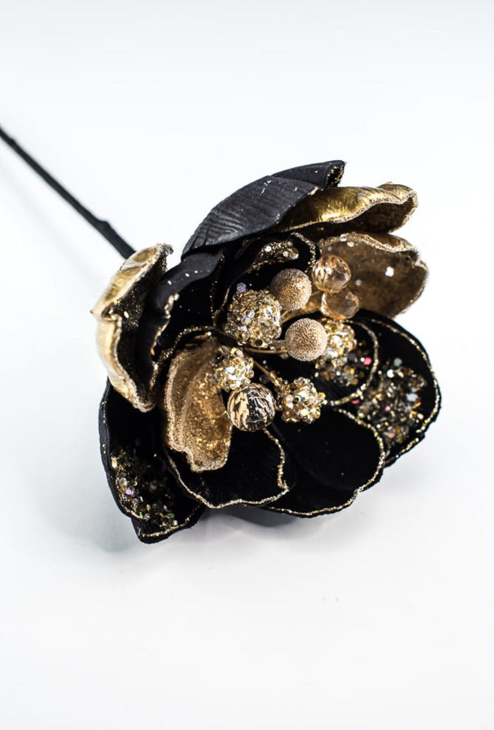Jeweled encrusted velvet magnolia stem - black gold - Greenery MarketMTX72652 BKGD