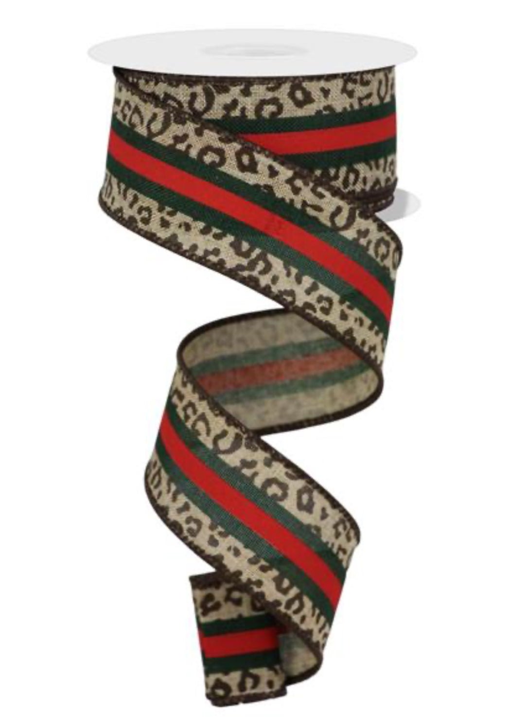 Leopard with emerald green and red stripe 1.5” wired ribbon - Greenery MarketWired ribbonRGC185501