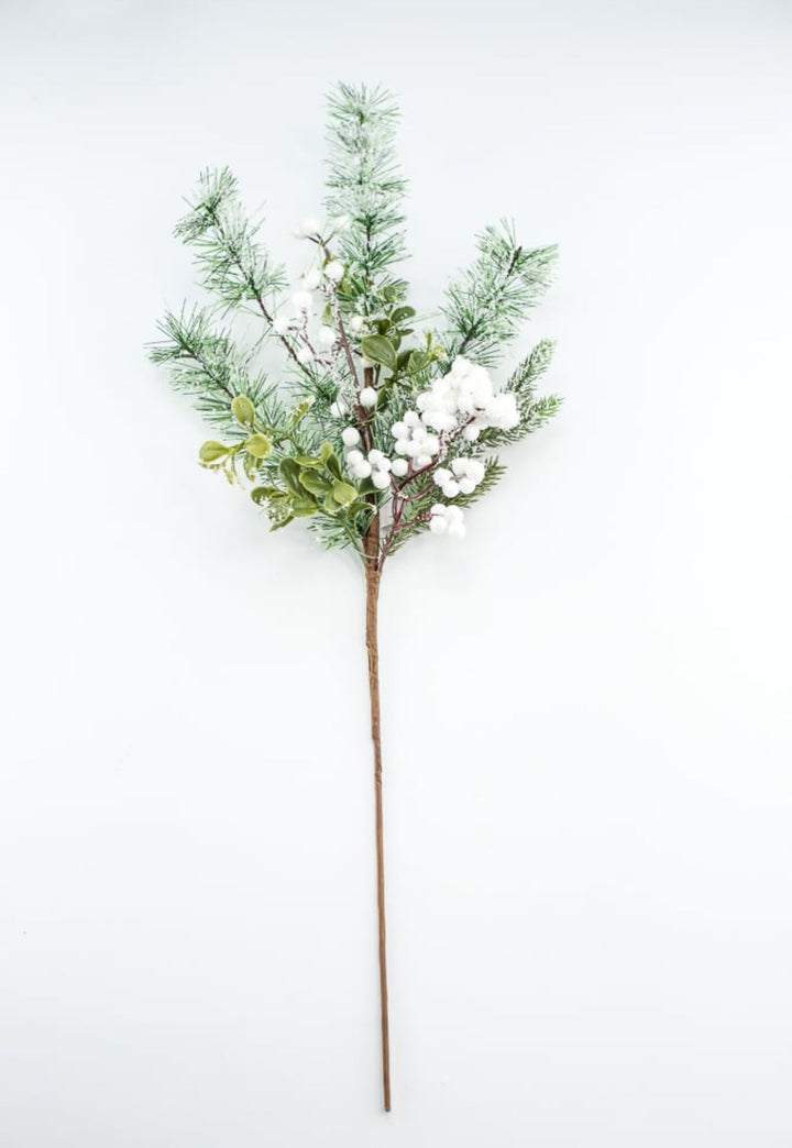 Mixed pine with white snowy berries pick - Greenery Market62612