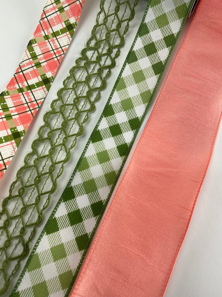 Moss Green and Coral Bow Bundle x 4 wired ribbons - Greenery MarketWired ribbonCoralgreenX4