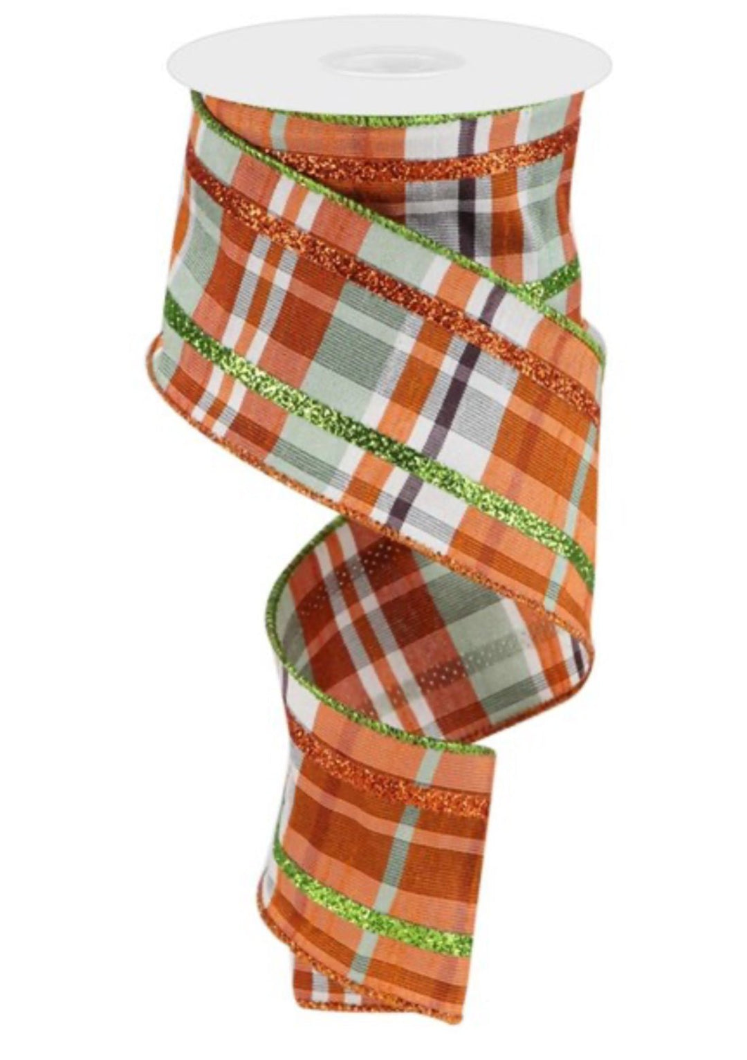 Orange and green plaid with glitter stripe, 2.5” wired ribbon - Greenery MarketWired ribbonRgp1102ak